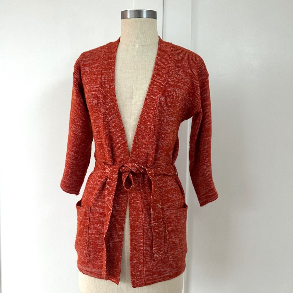 Vintage Rust Orange Marled Knit Tie‎ Waist Cardigan 3/4 Sleeve 70s XS S Robe